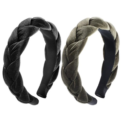 AOZUO 2 PCS Velvet Braided Headband, Fashion Wide Head Bands Black Dark Green Cute Vintage Hairband Face Wash Hair Accessories for Women