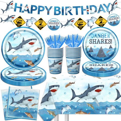 Shark Party Supplies, 142Pcs Shark Birthday Tableware Set Includes Shark Birthday Plates and Napkins, Cups, Banner, Shark Tablecloth for Baby Shower Ocean Shark Under The Sea Theme Party Supplies