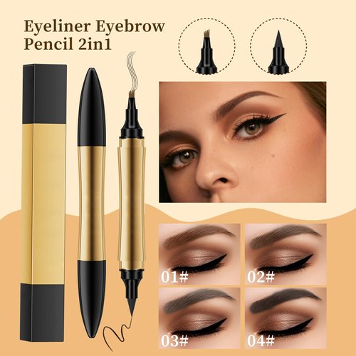 2 in 1 Magic Eyebrow Pencil, 3D Microblading Eyebrow Tattoo Pencil 4 Fork Tip with Eyeliner, Multifunction Double Head Contouring Pen Waterproof Makeup Tools for Natural Eyebrow Makeup (Dark Brown)