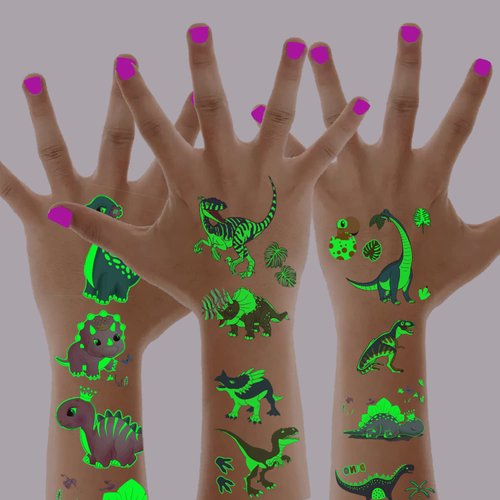 Ukicra Luminous Dinosaur Temporary Tattoos for Kids, Cartoon Dinosaur Tattoos Sticker for Boys and Girls Birthday Party Decorations