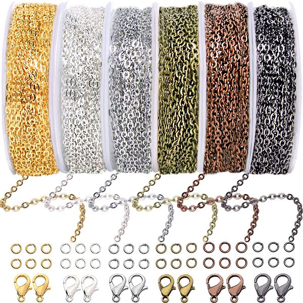 Jishi Chains Jewelry Making Supplies, 60ft Cable Link Chains for Making Jewelry Necklace Earring Bracelet Findings DIY Craft Kit for Adults, 6-Color 2mm Gold Silver Copper Plated Metal Link Rolls Bulk