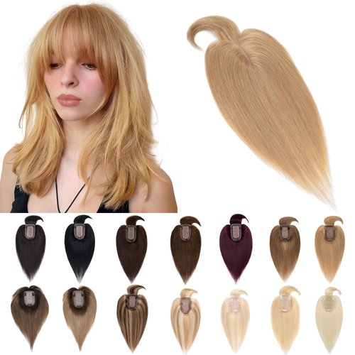SEGO Hair Toppers for Women Real Human Hair With Bangs 7 * 13CM Silk Base 100% Remy Human Hair Clip in Top Wiglet Hair Pieces for Thinning Hair -10 Inch Dark Blonde