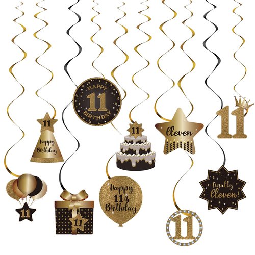 BRT Bearingshui Happy 11th Birthday Hanging Swirls Streams Ceiling Decorations, Celebration 11 Foil Hanging Swirls with Cutouts for 11 Years Old Black and Gold Birthday Party Decorations Supplies