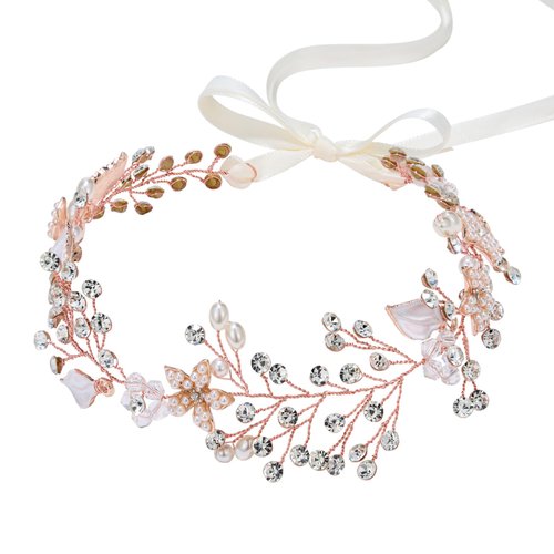 SWEETV Bridal Headband Wedding Headpiece for Bride Hair Accessories for Wedding Hair Pieces Crystal Pearl Hair Vine Rose Gold