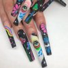 Long Press on Nails Coffin Fake Graffiti Flower Full Cover Glue Eye Stars Moon Acrylic with Rainbow Designs Nail Art Decorations for Women Girls