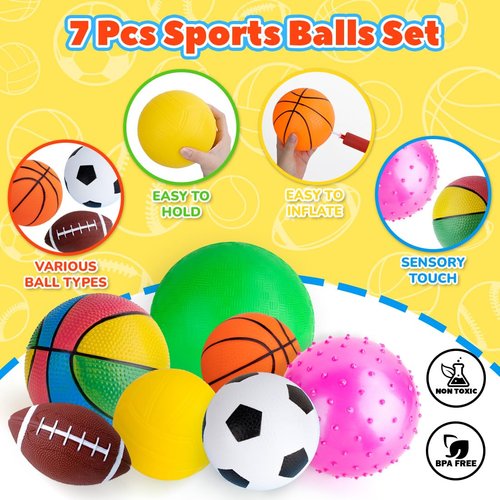 HOESDA Balls for Toddlers 1-3,Toddler Sports Ball Outdoor Toys,Set of 7 Kids Foam Ball Baby Ball Indoor Outdoor Toys-Playground Ball Basketball Football Volleyball Rugby Bounce Ball with Bag