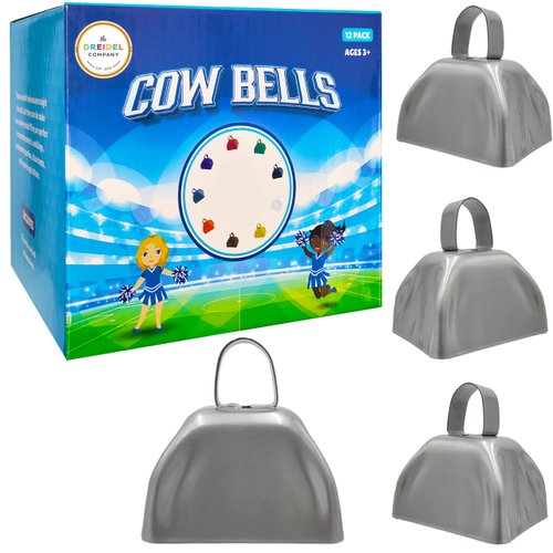 The Dreidel Company Metal Cowbell Noisemaker Cheering Bell, New Years, School Classroom, Wedding Bells & Chimes Percussion Musical Instruments Call Bell Alarm, 3" (Silver, 6-Pack)