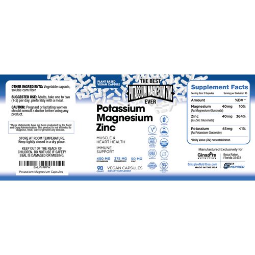 Magnesium Potassium Supplements w/Zinc - 90 Capsules - Magnesium Potassium Zinc for Vascular Health – High Absorption Vegan Potassium Magnesium Supplement for Leg Cramps & Sleep