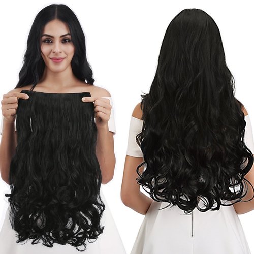 REECHO 20" 1-Pack 3/4 Full Head Curly Wave Clips in on Synthetic Hair Extensions HE008 Hairpieces for Women 5 Clips 4.5 Oz per Piece - Natural Black
