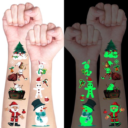 10 Sheets Luminous Christmas Temporary Tattoos Glow in The Dark Tattoos Stickers Cute Cartoon Christmas Party Favor for Stocking Stuffers and Gifts
