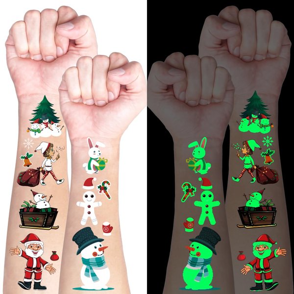 10 Sheets Luminous Christmas Temporary Tattoos Glow in The Dark Tattoos Stickers Cute Cartoon Christmas Party Favor for Stocking Stuffers and Gifts