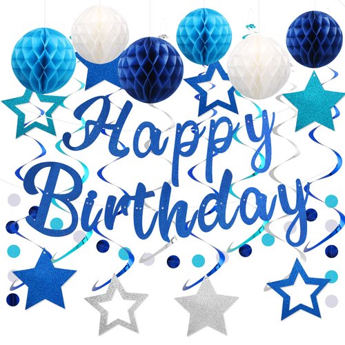 YEOCU Birthday Decorations, NO DIY, Pre-Strung Happy Birthday Banner with Honeycomb Balls, Hangin...