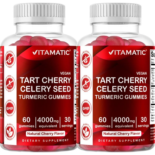 Vitamatic 2 Pack Tart Cherry with Celery Seed Gummies - 4000 mg serving - Powerful Uric Acid Cleanse for Joint Comfort, Healthy Sleep Cycles & Muscle Recovery