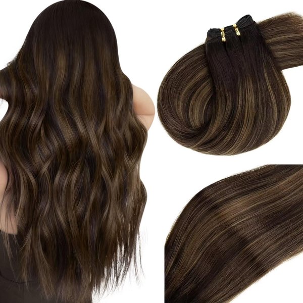 Vivien Balayage Sew in Human Hair Extensions 16 Inch Weft Hair Extensions Real Human Hair Natural Black to Chestnut Brown and Black Balayage Hair Extensions Weft Human Hair 100g #1B/6/1B