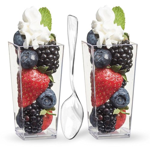 zappy 50 3 oz Tall Square Mini Dessert Cups With Spoons Clear Plastic Dessert Cups Tasting Shot Glasses Shooter Cups Parfait Glasses Appetizer Cup Serving Bowl Trifle Tumbler Desserts