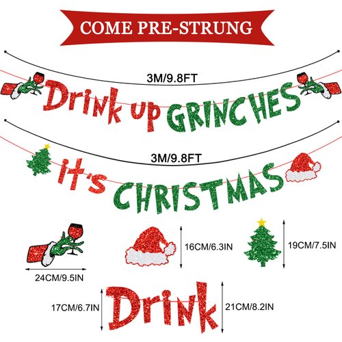 JOZON Red Green Glittery Drink Up Grinc-hes It's Christmas Banner Christmas Garland Banner for Xmas Party Decorations Christmas Decor for Home Wall Mantle Fireplace Party Supplies