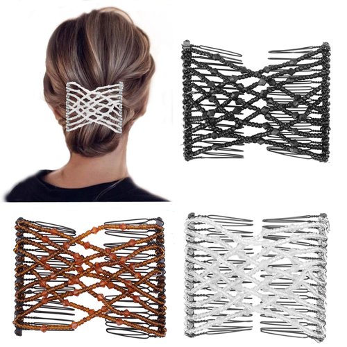 3 Pcs Magic Vintage Stretch Beaded Hair Accessories for Women, Ladies, Girls - Elastic Pearls Hair Clips, Stretchy Bead Hairpins, Double Slides Hair Combs for DIY Hair Styling