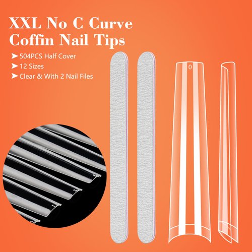 Long Clear Coffin Nails Tips: 504Pcs XXXL Extra Long No C Curve Nail Tips Coffin - Half Cover Gel Acrylic Nail Tips for Women Salons Home DIY with 2 Nail Files