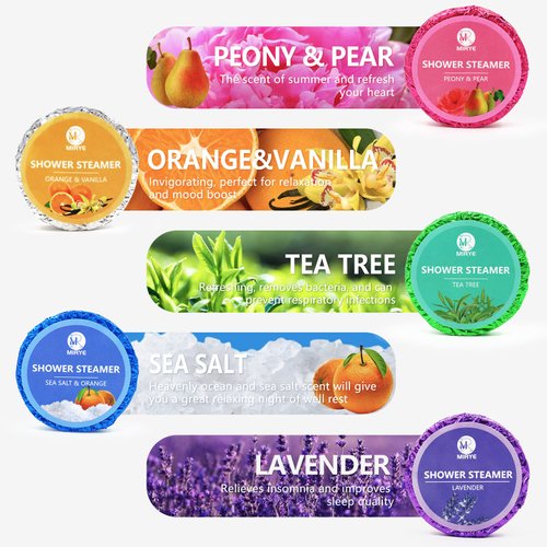 MR MIRYE Shower Steamers Aromatherapy for Women and Men, 20-Pack Organic Shower Bombs with Essential Oil, Tea Tree, Orange & Vanilla, Sea Salt, Lavender, Peony & Pear Mothers Day Gifts