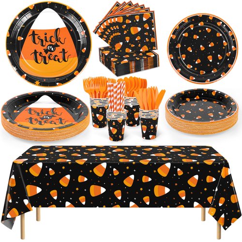 durony 193 Pieces Halloween Candy Corn Party Supplies Tableware Set Halloween Trick or Treat Plates and Candy Corn Tablecloth Napkins Cups Plastic Knives Forks Spoons for Halloween Party, Serve 24