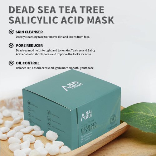 ANAI RUI Dead Sea Mud Mask with Tea Tree Oil & Salicylic Acid, Charcoal, Blackhead Remover, Pore Cleanser, Great for Acne-Prone Oily Skin, Detox Acne Face Mask for Women and Men