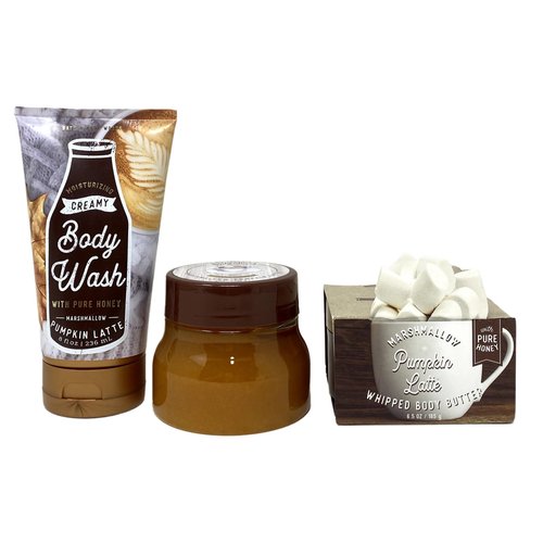 Bath and Body Works Marshmallow Pumpkin Latte 3 Piece Gift Set - Whipped Body Butter, Moisturizing Creamy Body Wash and Body Scrub.