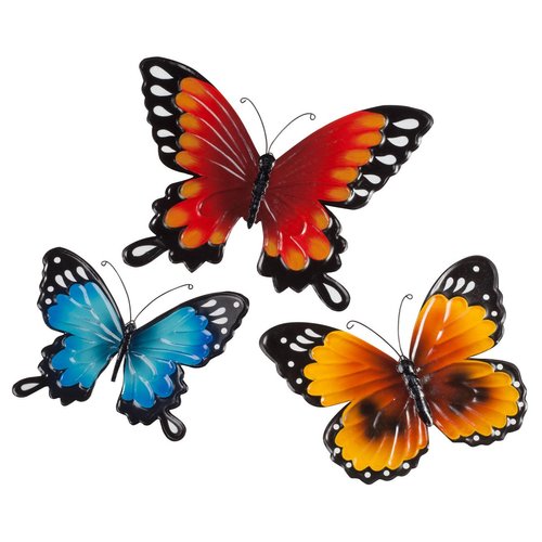 Fox Valley Traders Indoor/Outdoor Metal Butterflies, Set of 3 - Blue, Yellow, and Orange Butterflies with 7", 8", and 10" Diameters and Triangle Display Hook, One Size Fits All