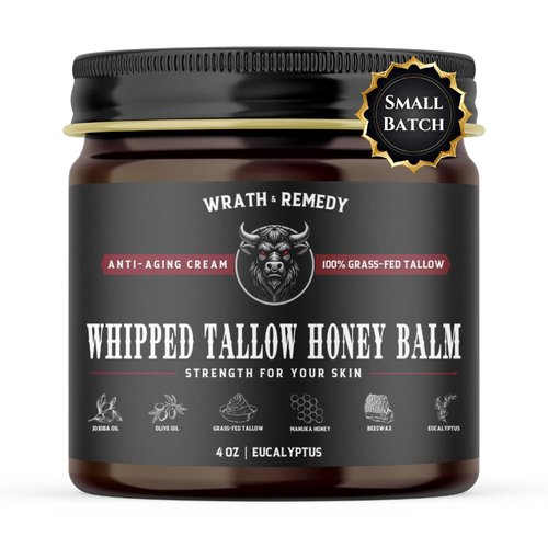 Wrath & Remedy Whipped Tallow And Honey Balm, 4oz - Honey Infused Beef Tallow For Skin - Handmade Grass Fed Beef Tallow Face Moisturizer - Pure Eucalyptus Scent