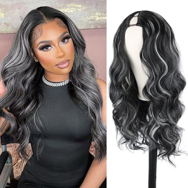 LEOSA Long Body Wavy Balck& Grey V Part Synthetic Wig For Black Women Highlight Full Head Clip In Hair Extensions Long Body Wave Wig for Women Synthetic Hair Replacement Wig (24Inch, Black&Grey#)