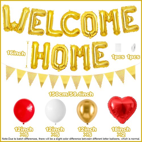 Welcome Home Decorations Red Gold,Welcome Home Foil Balloon Banner with Red Heart Balloons Pennant Flag Bunting for Baby Shower Home Family Party Supplies