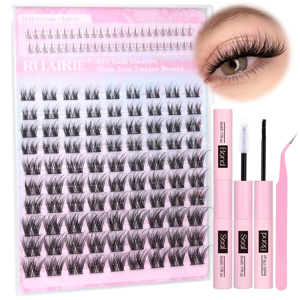 Ruairie Lash Clusters Kit with Bottom Lash Clusters Wispy Eyelash Clusters Lash Extension Kit Natural Eyelash Extensions Kit 6-16MM Individual Lashes Kit D Curl Cluster Eyelashes Extensions Kit