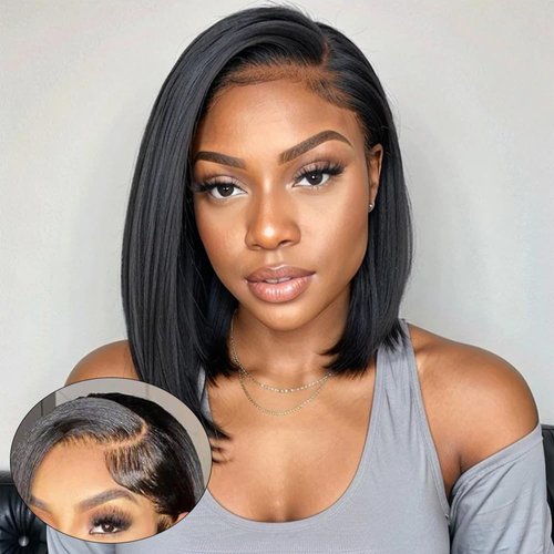BLY 13x6 HD Lace Front Bob Wig 10 Inch C Part Short Straight Human Hair Wigs Side Part Pre Plucked Glueless Wig for Women Natural Black Color 180 Density