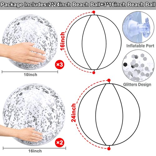 TURNMEON 5 Pack Sequins Beach Balls Pool Toys Balls 16 Inch 24 Inch Confetti Glitters Inflatable Clear Beach Ball Swimming Pool Water Beach Toys Summer Outdoor Party Favors for Kids Adults