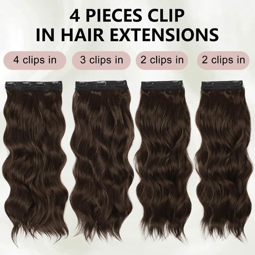 ALXNAN Hair Extensions, 4PCS Clip in Hair Extensions,20 Inches Chocolate Brown with Dark Brown Long Wavy Natural Soft Synthetic Hairpieces for Women