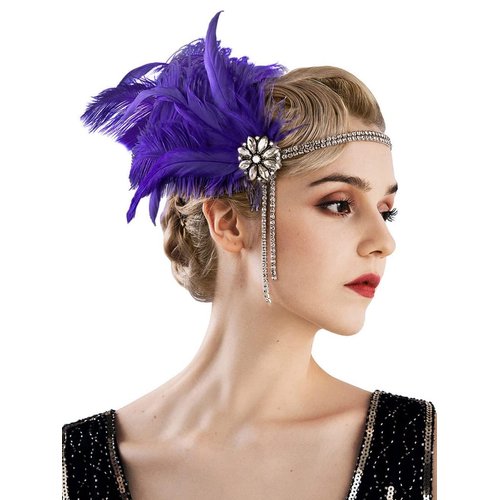 E EMZHOLE 1920s Headpiece Flapper Headband, Rhinestone Pearl Feather Hair Band Great Gatsby Bride Wedding Headdress Head Bands Bridal Hair Accessories for Women and Girls,Champagne (Purple)