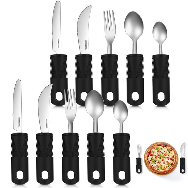 Uiifan 2 Set (10 Pcs) Adaptive Utensils Stainless Steel Parkinsons Utensils Easy Grip Handles Non Weighted Built Up Utensils for Adults Lightweight Arthritis Tools for Hands Tremors Elderly, Black