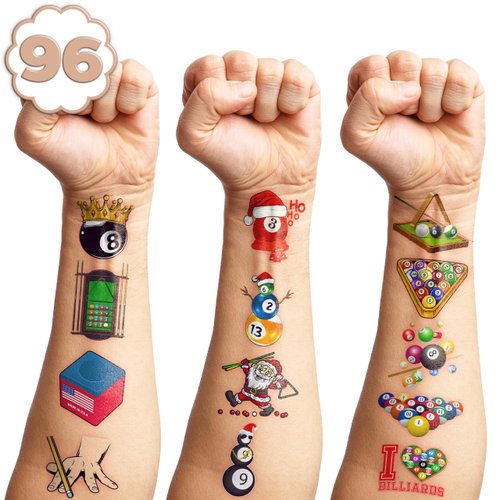 107 PCS Snooker Billiards Themed Temporary Tattoos Themed Birthday Party Decorations Favors Supplies Decor Cute Pool Ball Sports Tattoo Stickers Gifts for Game Kids Boys Girls School Rewards Carnival