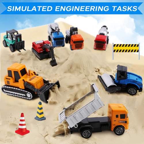 Tunmiok 8 Pack Alloy Construction Vehicles Toys Cars for 3 4 5 Year Old Boys Toddler Toys, Excavator/Bulldozer/Mulcher/Mixer Toys and Many More, Outdoor Toddler Boy Toys Birthday