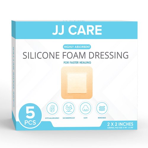 JJ CARE Silicone Foam Dressing 2x2 [Pack of 5], Silicone Bandages for Wounds, Waterproof Wound Dressing with Silicone Adhesive Border, Absorbent Bed Sore Bandages for Wound Care