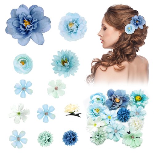 Harewu Hair Clip Decorations, 12Pcs Silk Flower Hair Clips, Misty Blue, for Women&#39;s Hair Decorati...