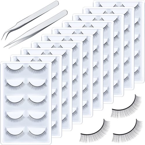 50 Pairs Practice Lashes for Eyelash Extensions with Silver Flat Tweezers and Silver Curved Tweezers, Eyelash Strips Self Adhesive Lash Extension Supplies for Beginners