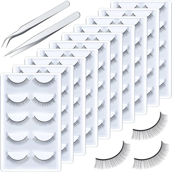 50 Pairs Practice Lashes for Eyelash Extensions with Silver Flat Tweezers and Silver Curved Tweezers, Eyelash Strips Self Adhesive Lash Extension Supplies for Beginners