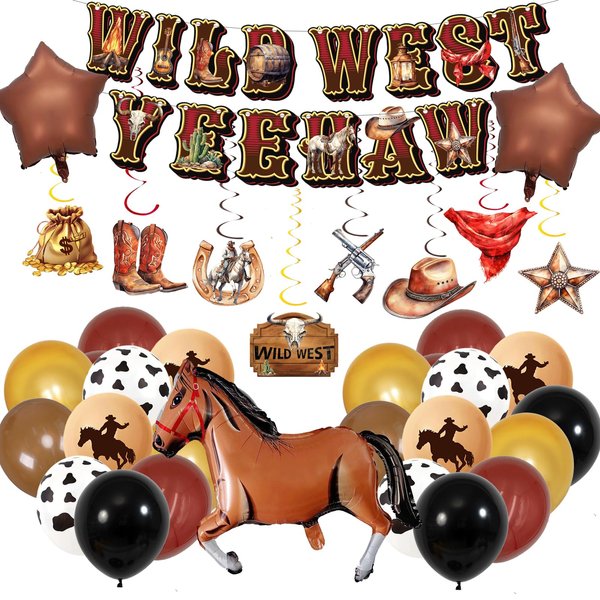 49Pcs Cowboy Party Decorations Included Wild West Yee Haw Banner Hanging Swilrs and Balloons Cowboy Birthday Hanging Decorations Western Classroom Decor for Boy Rodeo Party Decorations for Adults