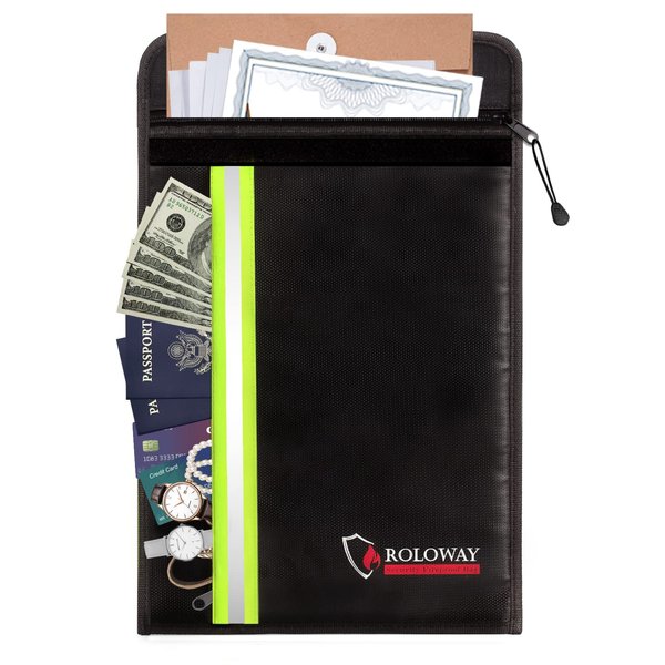 ROLOWAY Fireproof Envelope for Cash, Legal Documents Safe (15 x 11 inch) with 2 Pockets & Waterproof Zipper, Black