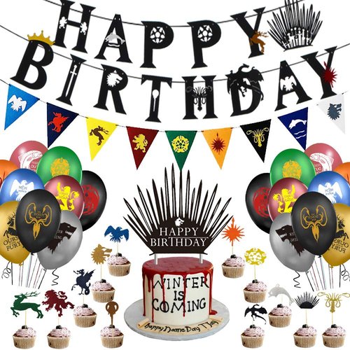 Games of Thronees Birthday Banner, GOT Banner, Cake and Cupcake Toppers, GOT Balloons for GOT Birthday Party Supplies Decorations, 63PCS IN ALL