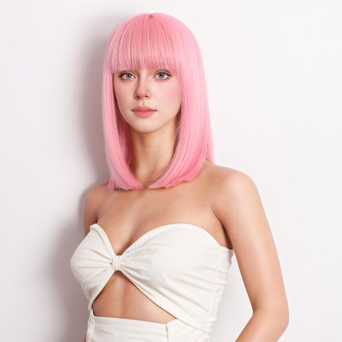 CHENZI Straight Bob Wig with Bangs Women's Short Bob Wigs Shoulder Length Straight Bob Wigs Synthetic Wig for Women Girls Colorful Wigs for Cosplay Party Daily Use (Pink)