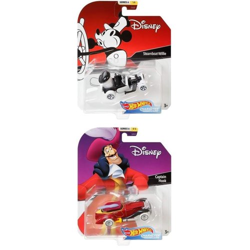 Hot Wheels Set of 6 Disney/Pixar Character Cars, Series 6, 1/64 Collectible Die Cast Toy Cars, with Steamboat Willie, Ariel, Jiminy Cricket, Captain Hook, Timon and Mr. Incredible