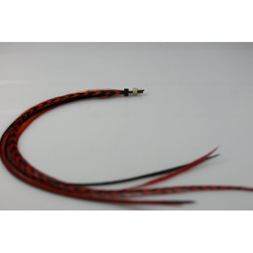 Feather Hair Extension – Red, Green, Black & Grizzly Remix, Five Genuine Rooster Feathers Bonded at the Tip, Ranging from 6 to 10 Inches, Includes 2 Silicone Crimp Beads, One Extension