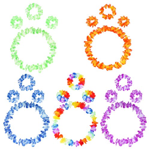 SUMERSHA 5 Set 20pcs Hawaiian Leis Elastic Flowers Necklaces, Headbands and Wristbands Tropical Luau Party Decorations Supplies Birthday Beach Party Favors, 5 Colors