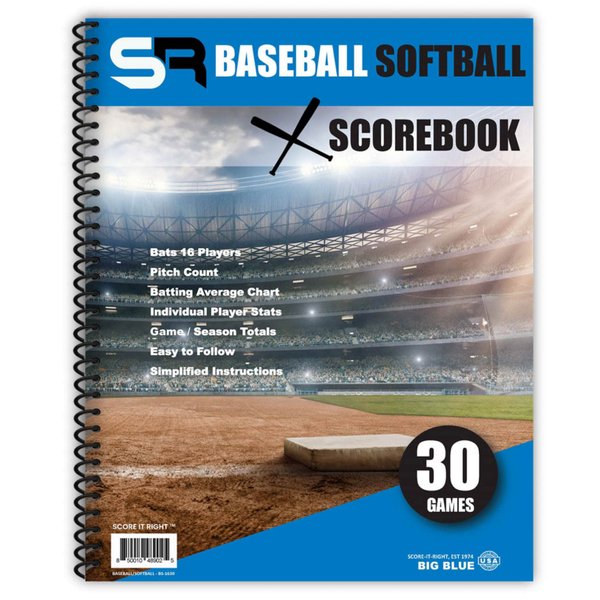 Score It Right Big Blue Baseball/Softball Scorebook – Premium Score Keeping Book – 16 Player - 30 Game Scorebook with Pitch Count, Individual Player Stats, Batting Average Chart